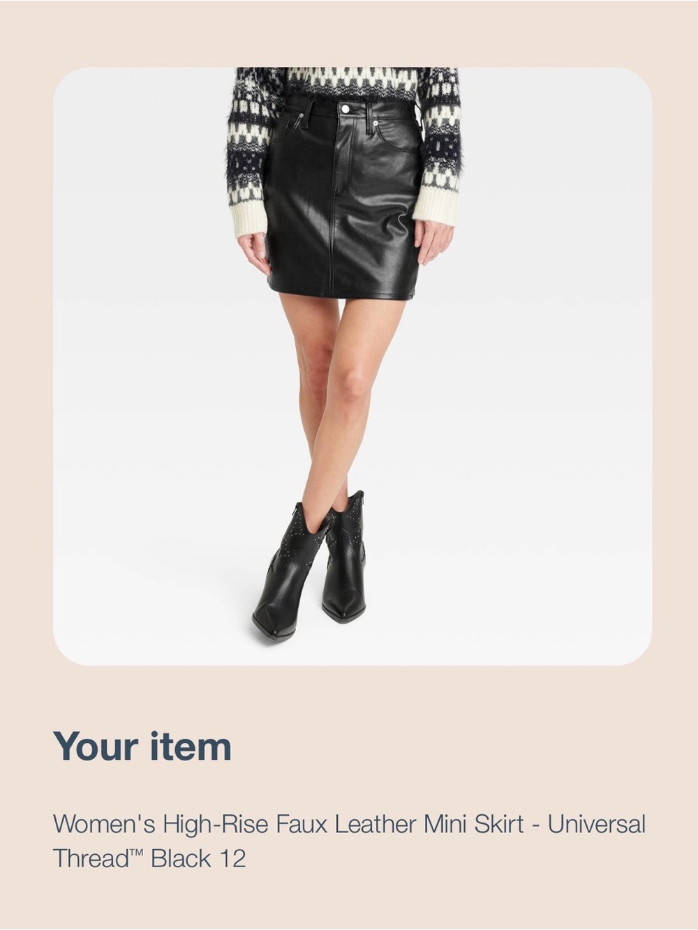 Universal Thread size 12, Black Faux Leather Mini Skirt with Front Zip